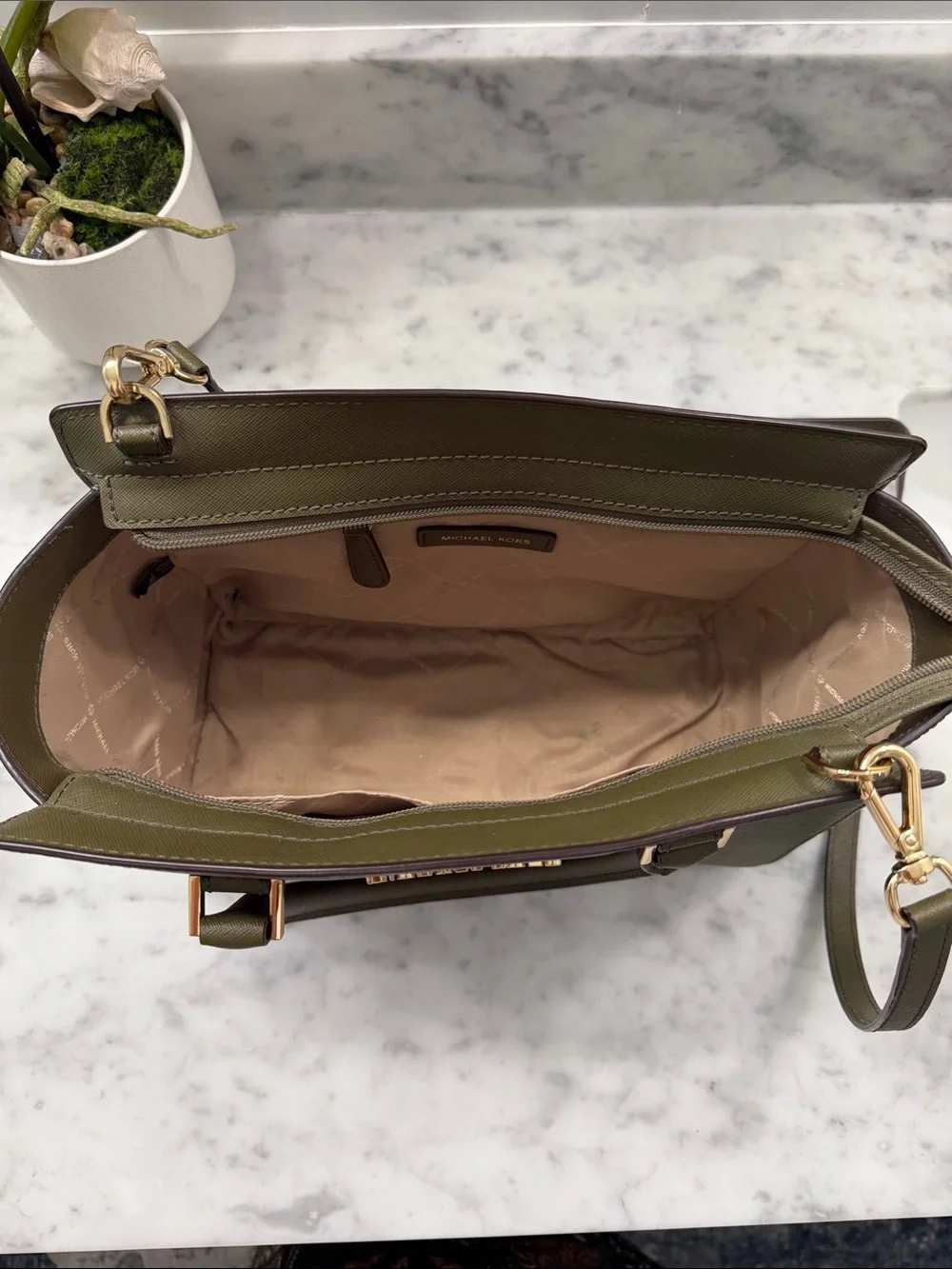 Michael Kors Olive Green Saffiano Leather Satchel with Gold Hardware